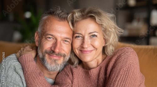 portrait of middle aged couple hugging and looking at camera close up face of happy mature couple having fun at home senior man embracing his beautiful wife on the couch no logos no brands ar 169