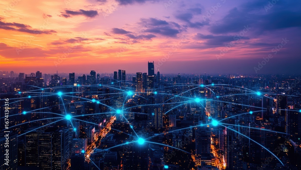 Fototapeta premium City skyline at sunset, connected by digital network (1)