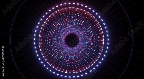 Abstract digital tunnel of vibrant light dots creating a mesmerizing concentric pattern, ideal for futuristic backgrounds and immersive visual experiences