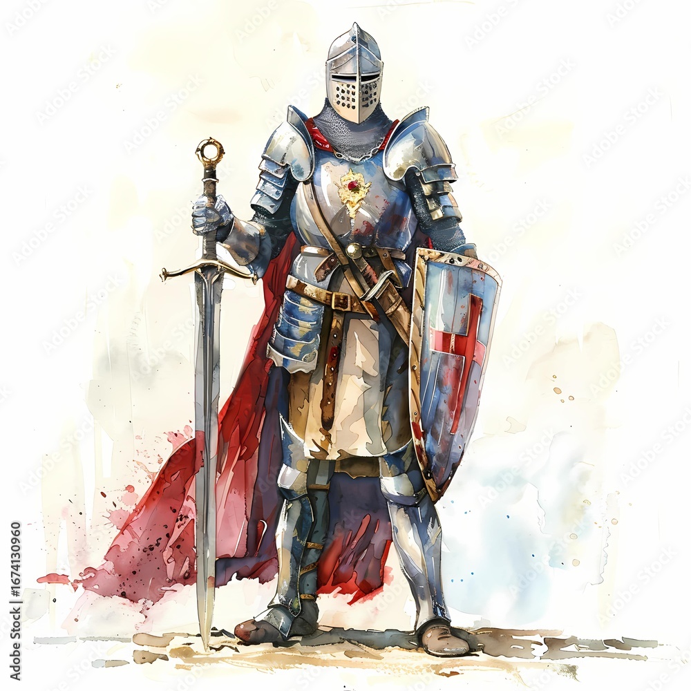 Obraz premium A watercolor painting depicts a knight in full plate armor, holding a large sword and a shield emblazoned with a red cross, standing against a light background.