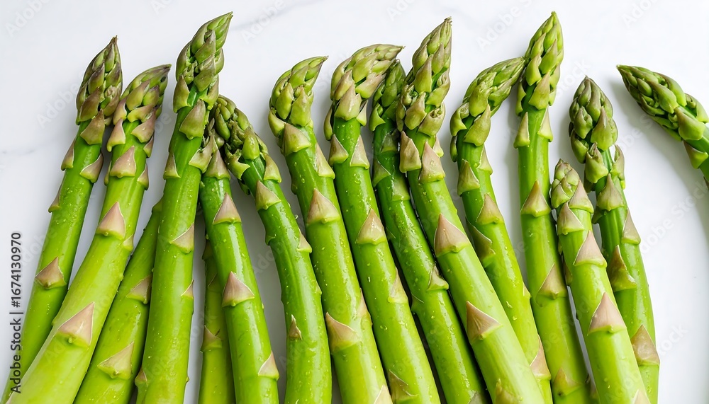 Fototapeta premium Fresh, vibrant asparagus spears arranged closely together on a white surface.