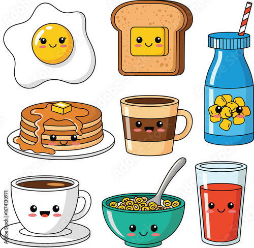 Cartoon breakfast food, smiling egg, happy toast, syrup pancakes, cereal bowl, coffee cup, juice glass, playful icons, kid-friendly illustration