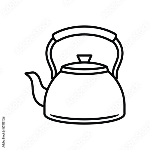 Simple black and white line drawing of a classic kettle for kitchen and cooking themes white background