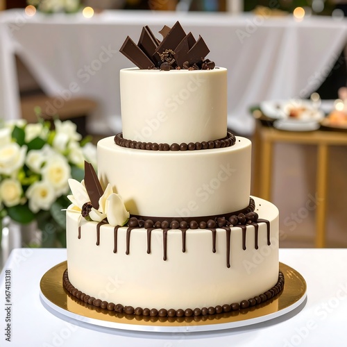 Elegant three-tiered wedding cake, adorned with chocolate decorations and dripping chocolate, stands on a gold cake stand.