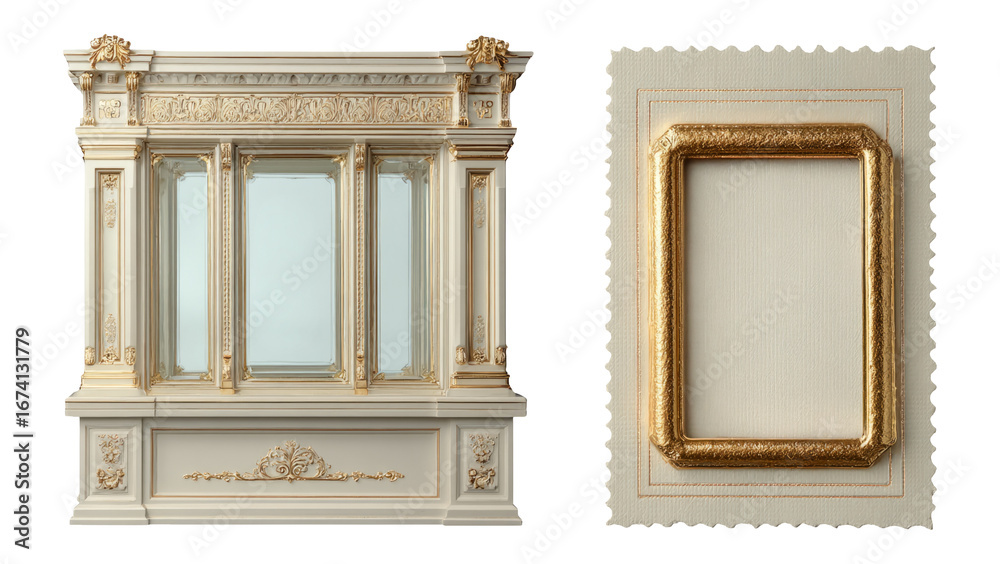 Fototapeta premium Elegant Golden Picture Frame and Display Cabinet on Transparent Background