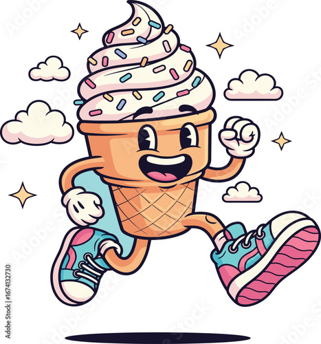 Cartoon ice cream cone, running character, vanilla swirl, colorful sprinkles, kids illustration, cheerful dessert mascot, fun food art, whimsical design