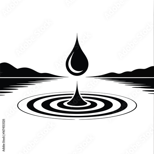 Water drop creating ripples on a calm lake with distant mountains