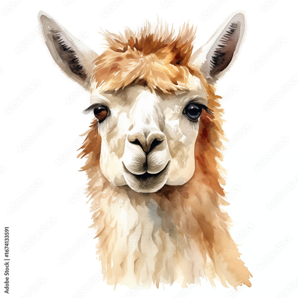 Fototapeta premium This illustration shows an alpaca's head and shoulders, painted in watercolor, on a white background.