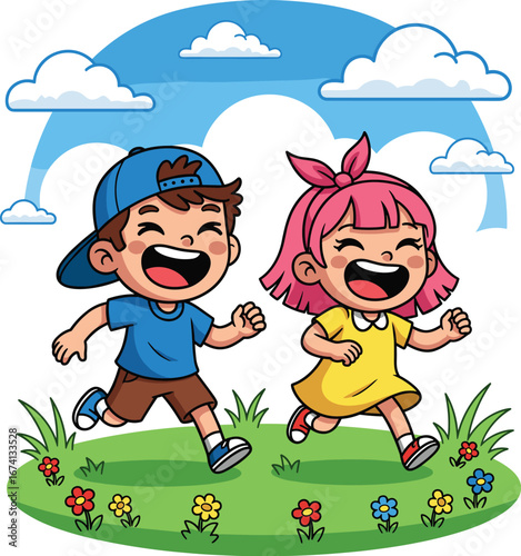 Cartoon kids running outdoors, cheerful nature scene, playful children illustration, happy childhood moment, grassy field, bright sky, flower decor