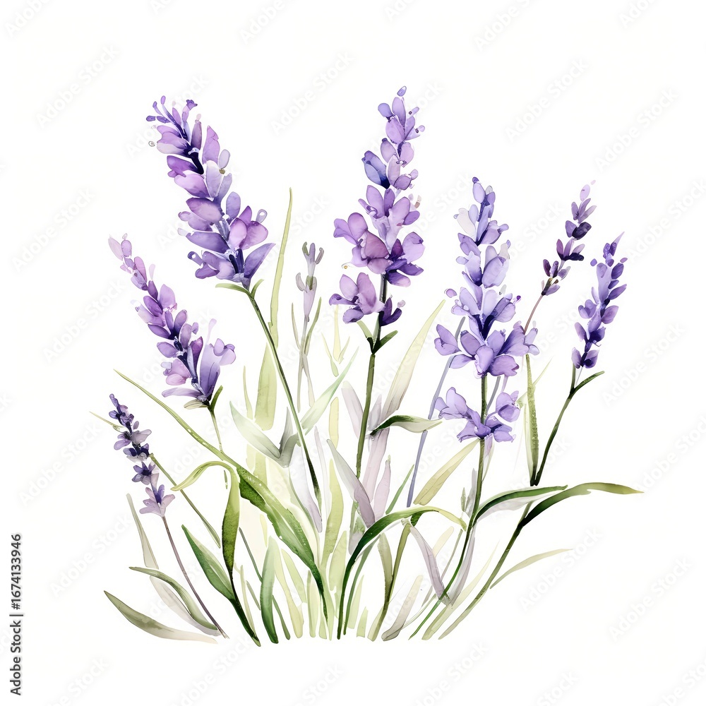 Obraz premium The illustration shows a cluster of lavender blossoms with long, slender stems and leaves, rendered in a soft watercolor style against a white background.