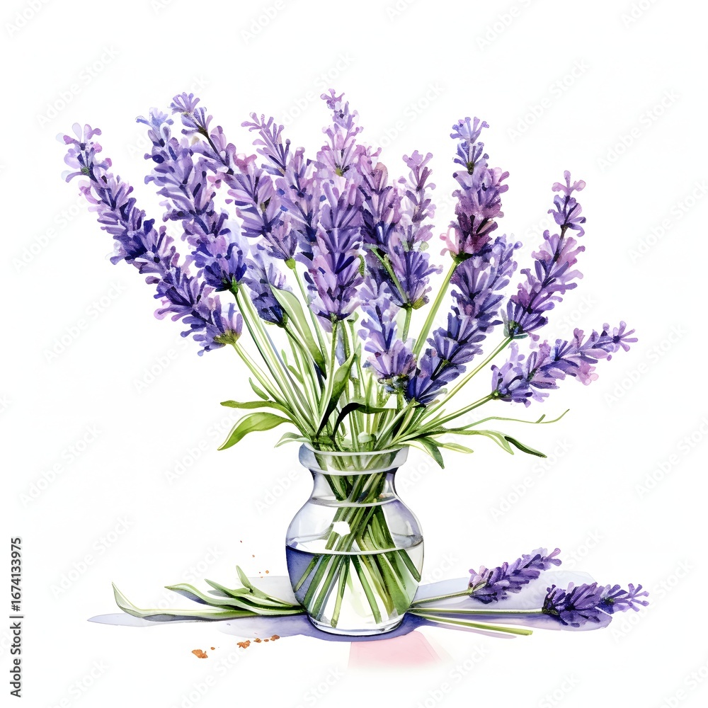 Obraz premium A bunch of lavender flowers sits in a clear glass vase, with a few more stems resting on a white surface nearby.