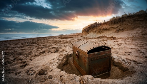 a weathered metal box partially unearthed tells stories of mystery and hidden treasures long buried beneath the surface