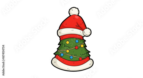 Christmas tree in festive santa hat with colorful lights on it