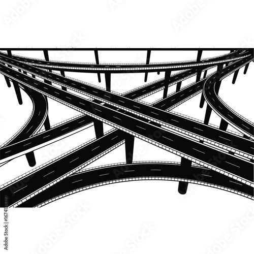 Complex highway interchange with multiple overpasses and underpasses in a stylized black and white sketch