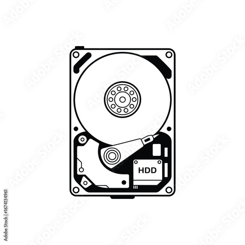 Internal view of an open hard disk drive showing platters and read write head