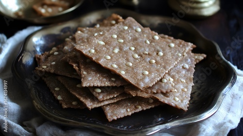 Artisan Whole Grain Crackers with Seeds on Dark Plate