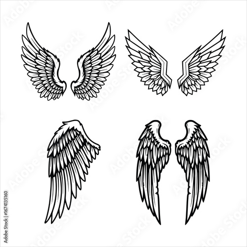 Collection of angel wings illustrations, isolated on white background, displaying various styles and designs for artistic and symbolic representation