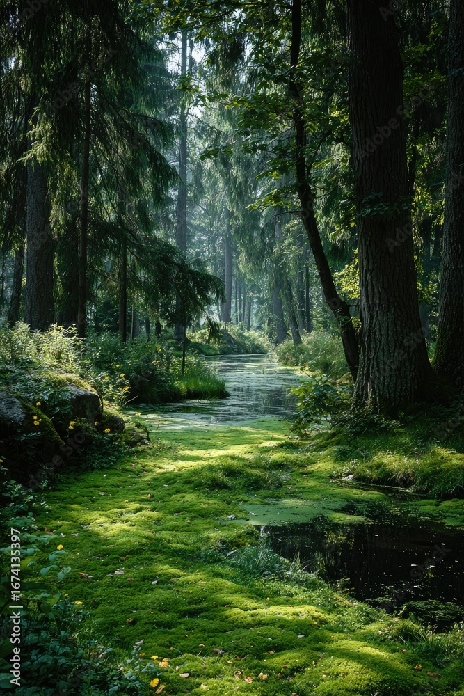 Obraz premium Sunlit forest path through moss-covered ground