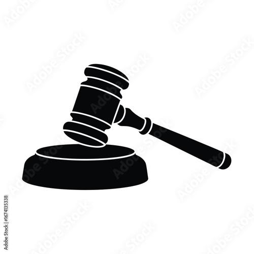 Black silhouette of a gavel and sounding block on a white background