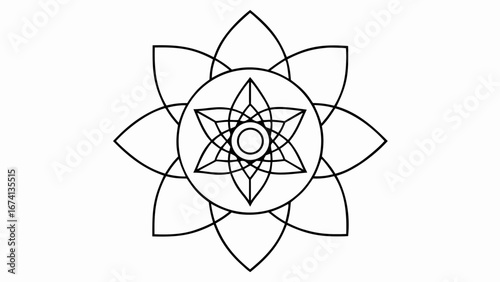 Outline illustration of an esoteric mandala featuring a star and floral motifs