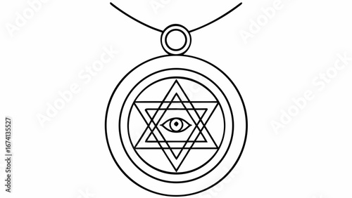 Outline illustration of sacred symbols featuring an eye on a golden amulet pendant