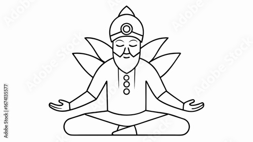 Outline illustration of a shaman in trance with a serene expression and lotus petals