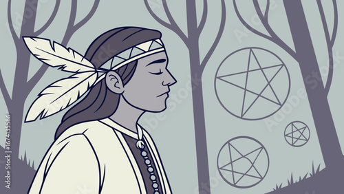 Shaman in trance with feathers and pentacle symbols surrounded by nature