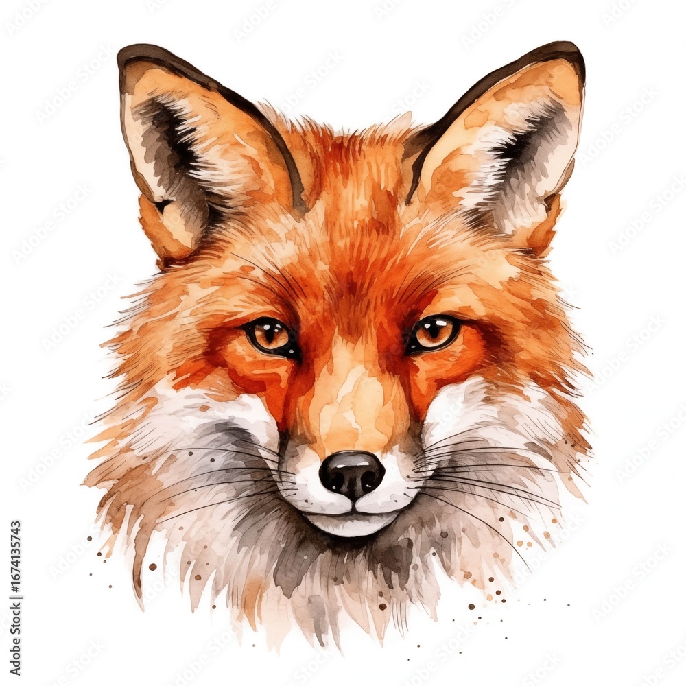 Fototapeta premium The illustration is a close-up of a red fox's head and shoulders, painted in watercolor, showing its expressive eyes and intricate fur details against a white background.