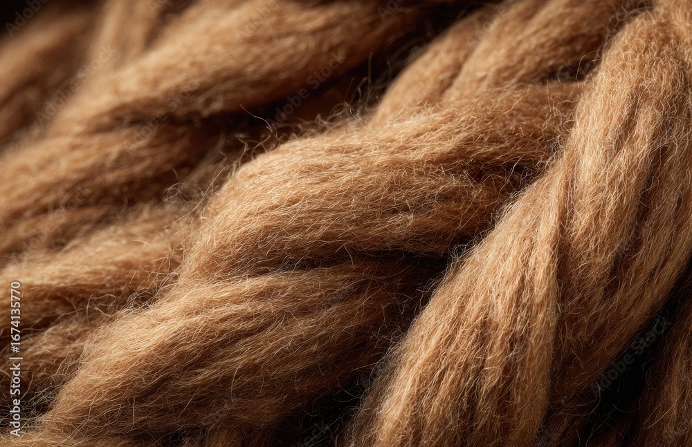 Fototapeta premium Soft brown merino wool yarn close up creating cozy texture