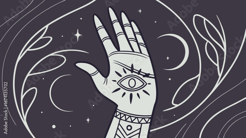 Mystical hand with eye symbolism and moon phases in an ornate cosmic background
