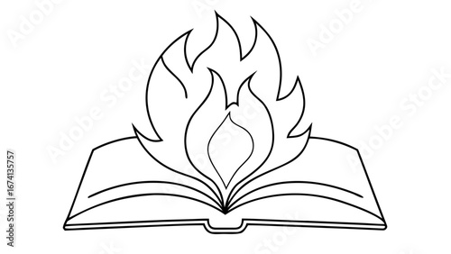 Outline of a sacred book on fire with minimalistic design and clean lines