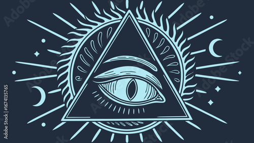 Illustration of third eye with sun and moon symbols in an intricate design