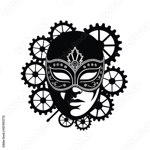 Steampunk masquerade masked face surrounded by gears