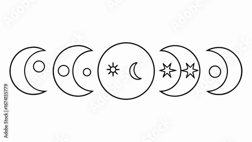 Moon phases illustration with different celestial bodies in a minimal style and black outline