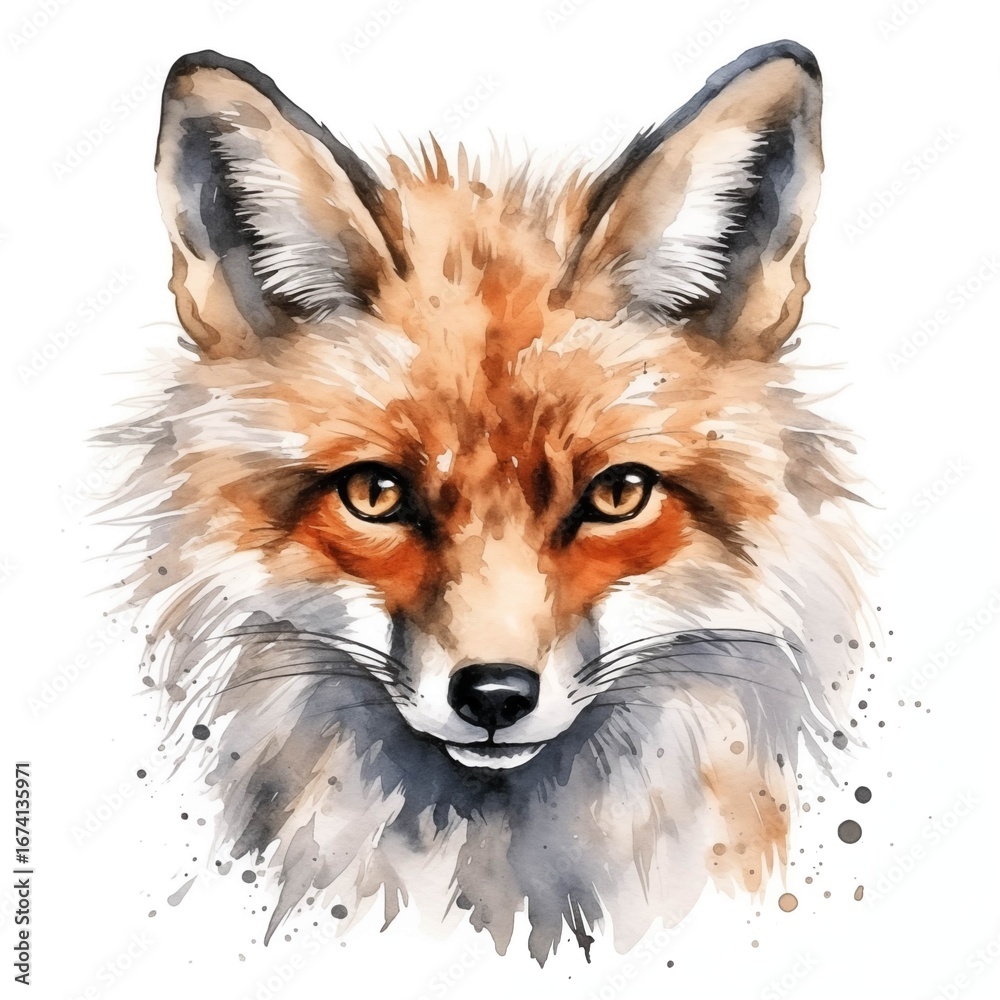 Naklejka premium The illustration depicts a fox's head, rendered in watercolor, against a white background; the artwork features detailed fur texture and expressive eyes