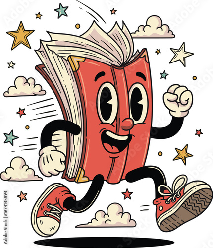 Cartoon red book, running character, joyful mascot, animated pages, kids illustration, fun education art, whimsical reading design, playful style