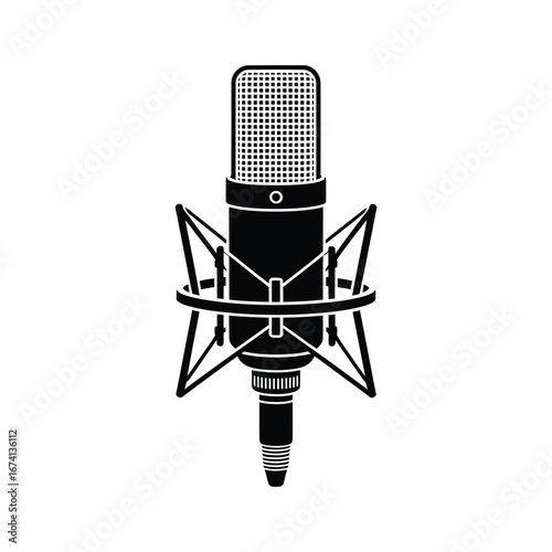 Classic studio microphone with shock mount on white background