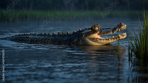  Under a full moon, a large alligator bellows loudly across a misty marsh, its powerful call echoing through the night. Frogs fall silent as the ripples spread out across the dark water.
