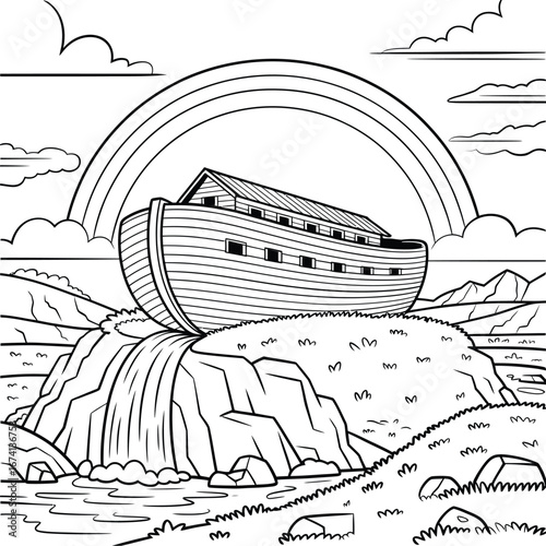 Noah s ark rests on a mountain under a rainbow after the flood