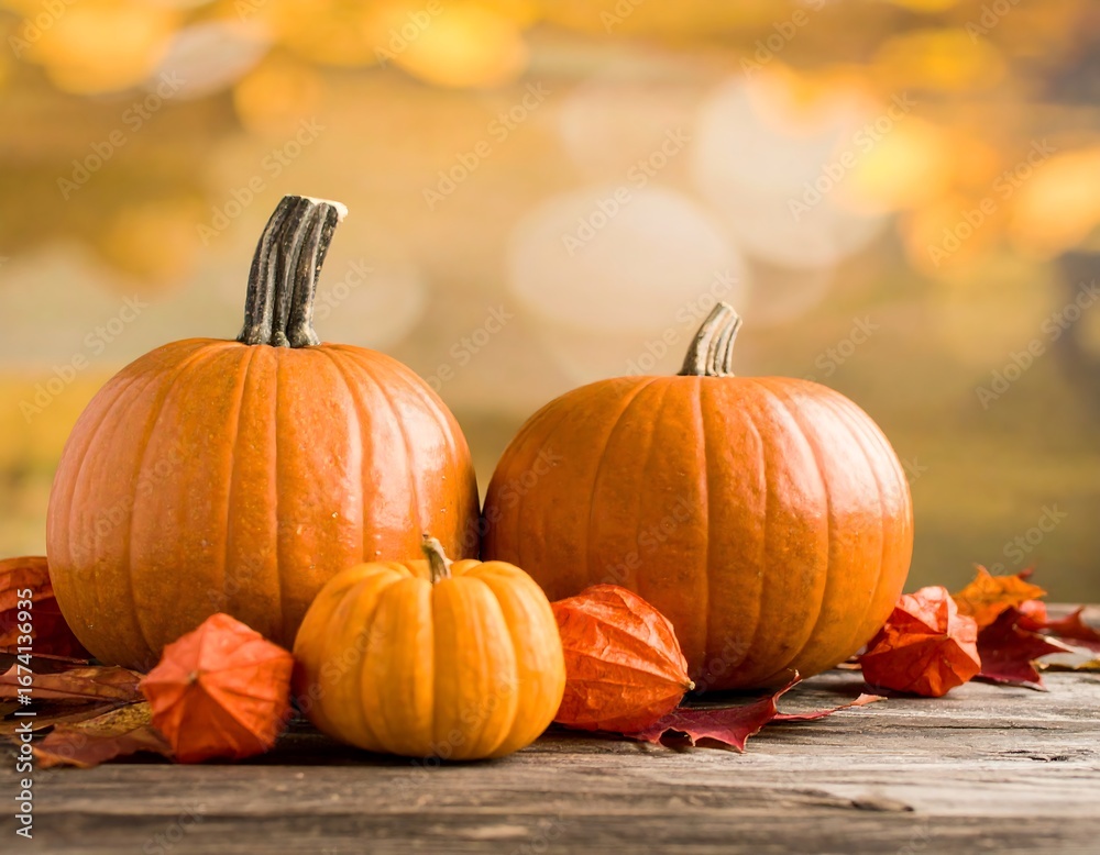 Three pumpkins of varying sizes, vibrant orange hues, sit atop a rustic wooden surface, surrounded by fall-colored foliage and dried seed pods, creating a warm and inviting autumnal display. Three pumpkins of varying sizes, vibrant orange hues, sit atop a rustic wooden surface, surrounded by fall-colored foliage and dried seed pods, creating a warm and inviting autumnal display.