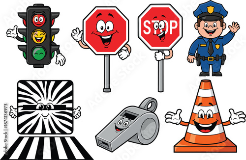 Cartoon traffic safety set, stop signs, smiling traffic light, police officer, crosswalk, whistle, cone, road safety clipart, kids education
