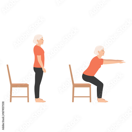 Fotografía Senior woman performing chair squats exercise for strength and mobility demonstr