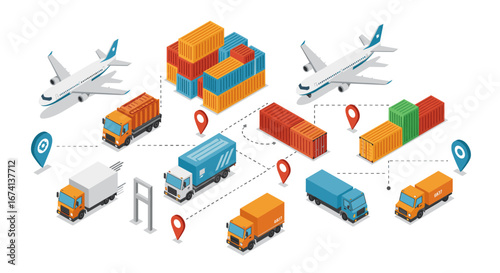 Isometric logistics network with cargo planes, trucks, and shipping containers