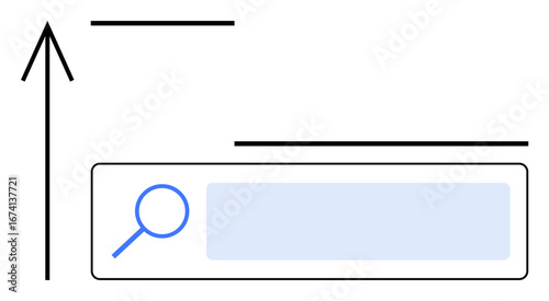 Magnifying glass on search bar, vertical arrow upward. Ideal for navigation, exploration, progress, technology, search optimization, user interface, simple landing page