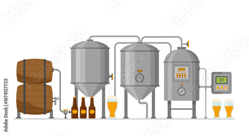 Brewing equipment and beer production line with barrels and bottles
