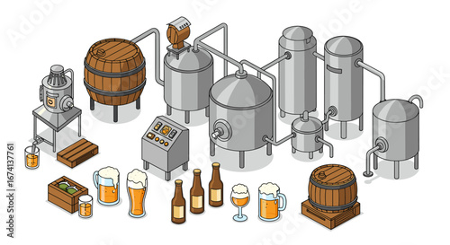 Isometric brewery equipment and beer glasses in modern craft style