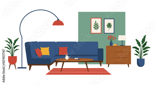 Modern flat living room interior with mid-century furniture and houseplants