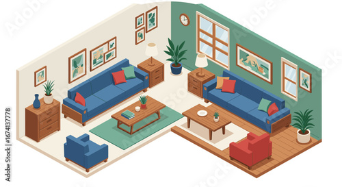 Spacious isometric living room interior with cozy furniture and decor
