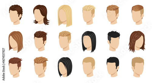 Diverse hairstyles collection featuring various cuts and colors in minimalist style