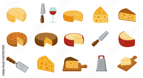 Cheese collection with wine and graters in flat style
